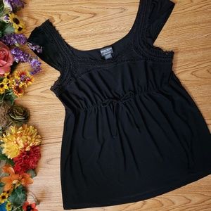 Bisou Bisou Black Crochet Detail Cap Sleeve Top